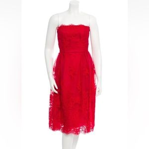 Monique Lhuillier Red Strapless Chantilly Lace Dress 4